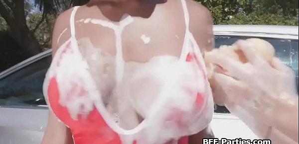  Special car wash with three sluts ready for foursome